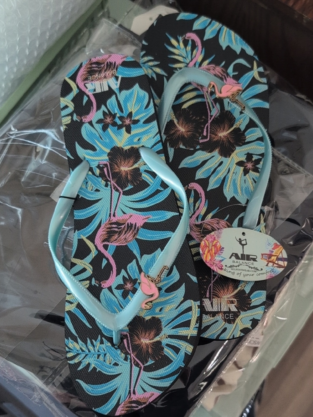 Air Balance Tropical Flip Flops - Aqua Straps With Pink Flamingo Charm